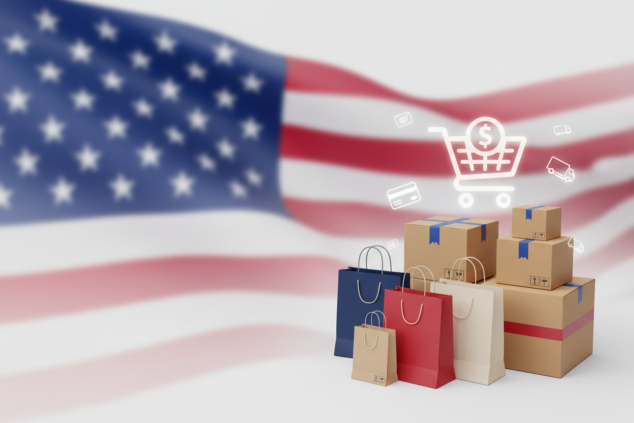 QUIERO UNA PORTADA PARA MI TIENDA CON UN FONDO DE ESTADOS UNIDOS Y ENFOCADO EN COMRPAS NE LINEA